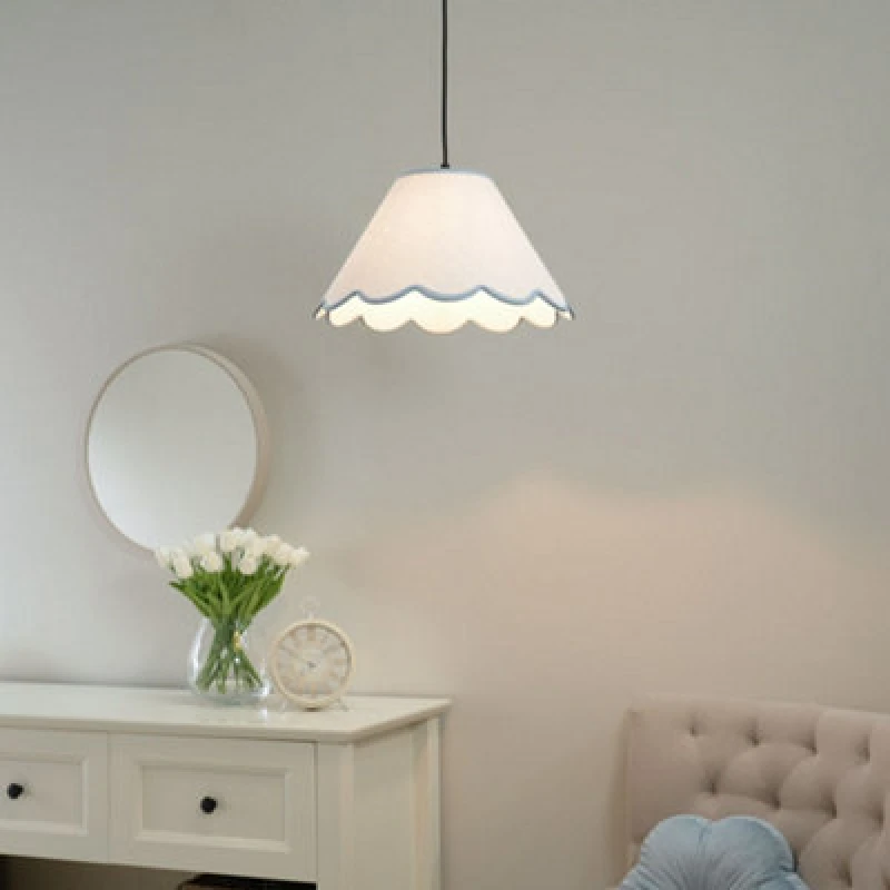 Image of ValueLights Florie Natural Linen Large Tapered Scallop Pastel Trim Lamp Shade & LED Bulb Blue