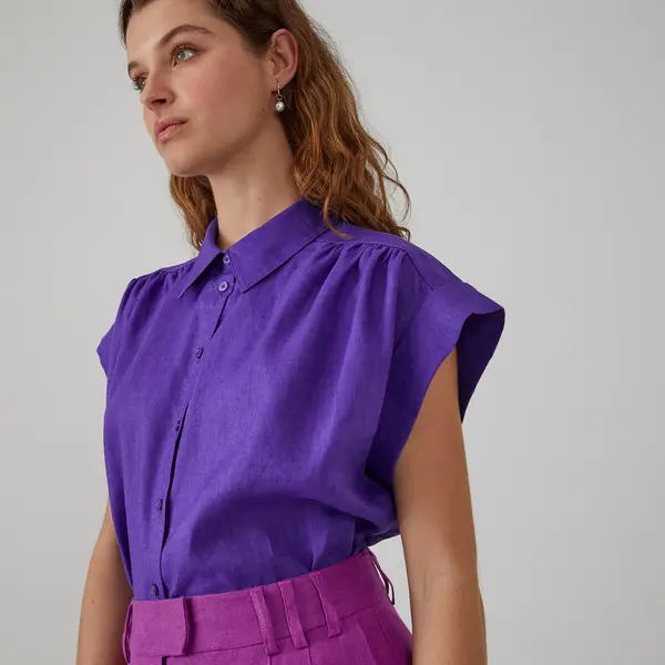 Image of Linen Short Sleeve Blouse