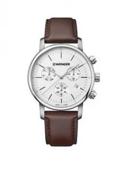 Image of Wenger Swiss Made Urban Classic Silver Chronograph 44Mm Dial Brown Leather Strap Mens Watch