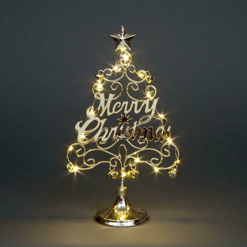 Image of Shatchi Pre-Lit Table Top Golden/Silver Merry Christmas Tree Cool Bells Star Festive Xmas Holiday Home Office Novelty Decorations, Silver