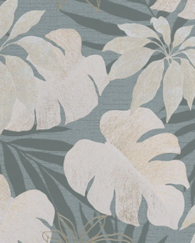 Image of Galerie Avalon Blue Grey Gold Beige Tropical Leaves Embossed Wallpaper