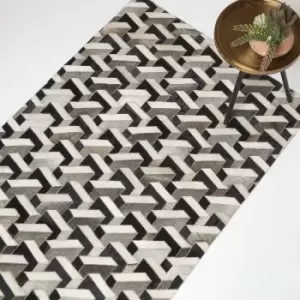 Image of Homescapes - Grey & Black Geometric Leather Rug, 90 x 150cm - Black, Grey