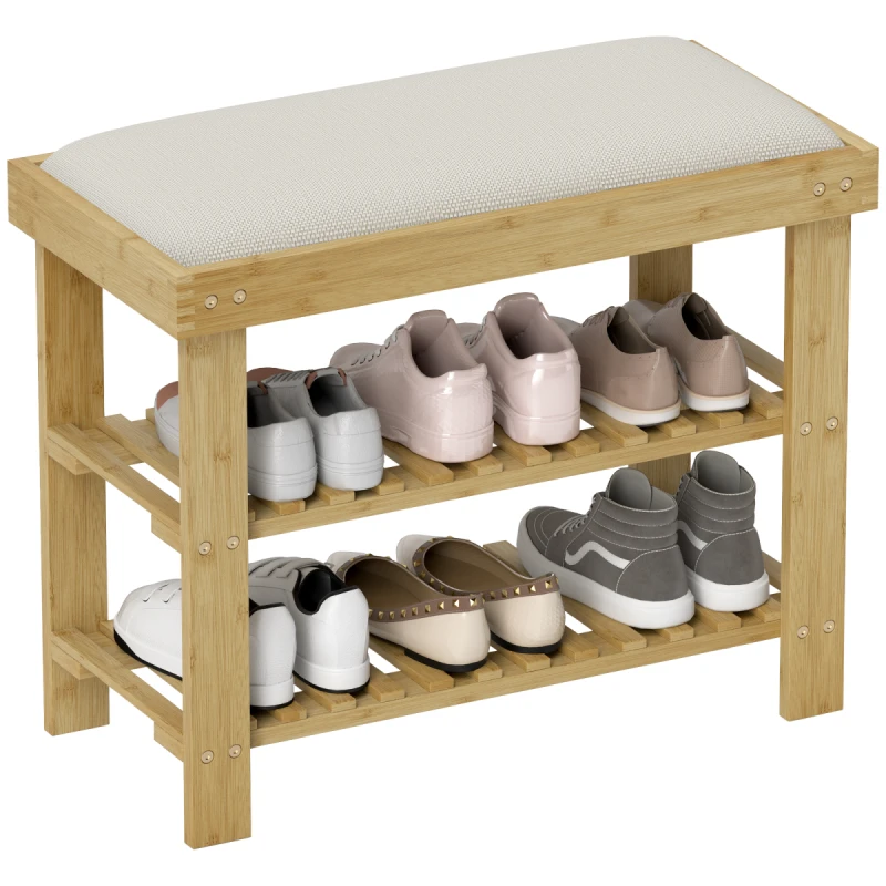 Image of HOMCOM HOMCOM 3-Tier Shoe Storage Bench, Bamboo Shoe Rack for Entryway, Cream Cream One Size Unisex 5063603306042