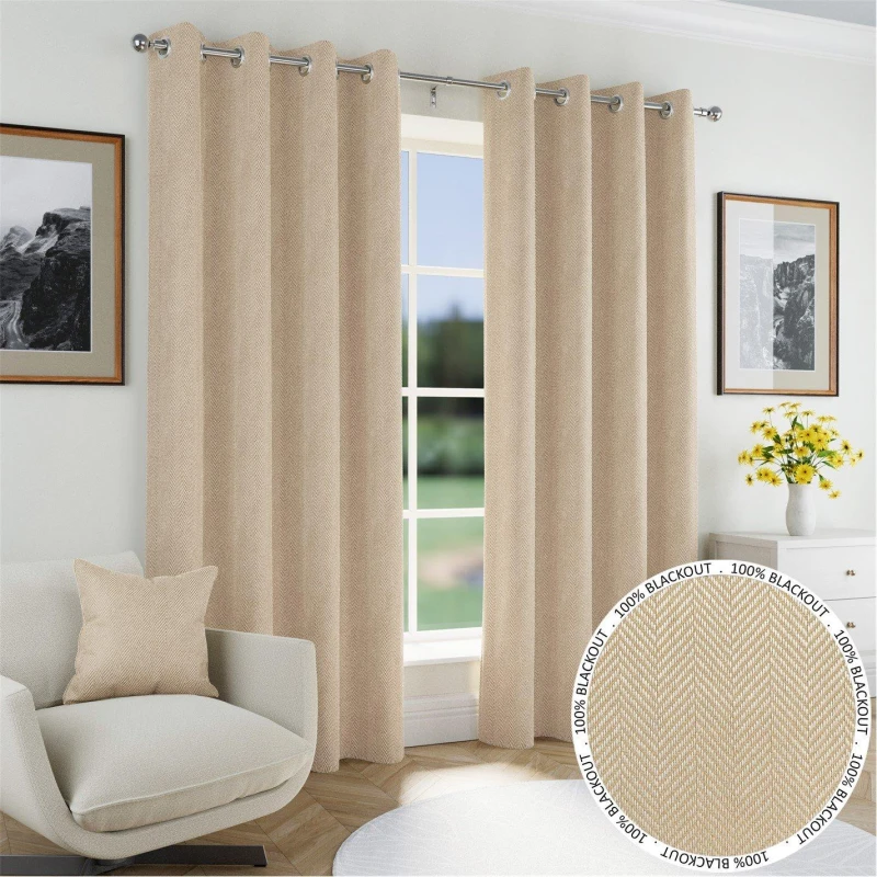 Image of Chester Thermal Herringbone Ready Made Eyelet Blackout Curtains Natural