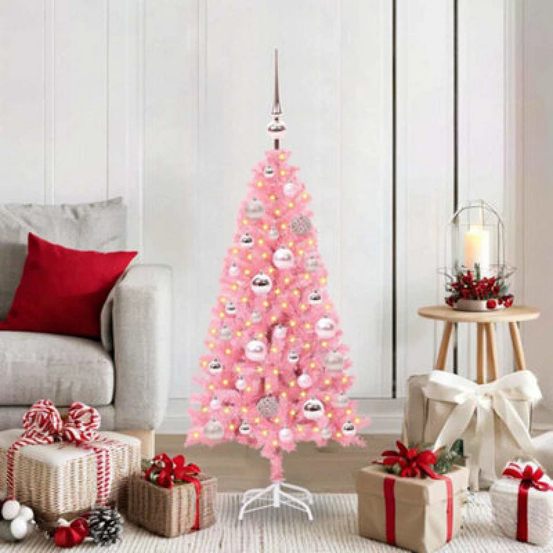 Image of vidaXL Christmas Tree with 150 LEDs, Pink Balls with Stand Pink 120cm PVC, Pink 3396409