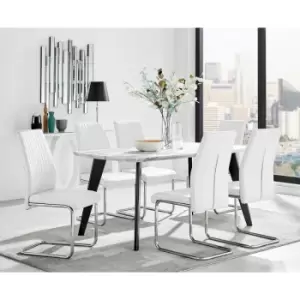 Image of Andria Black Leg Marble Effect Dining Table and 6 White Lorenzo Chairs - White