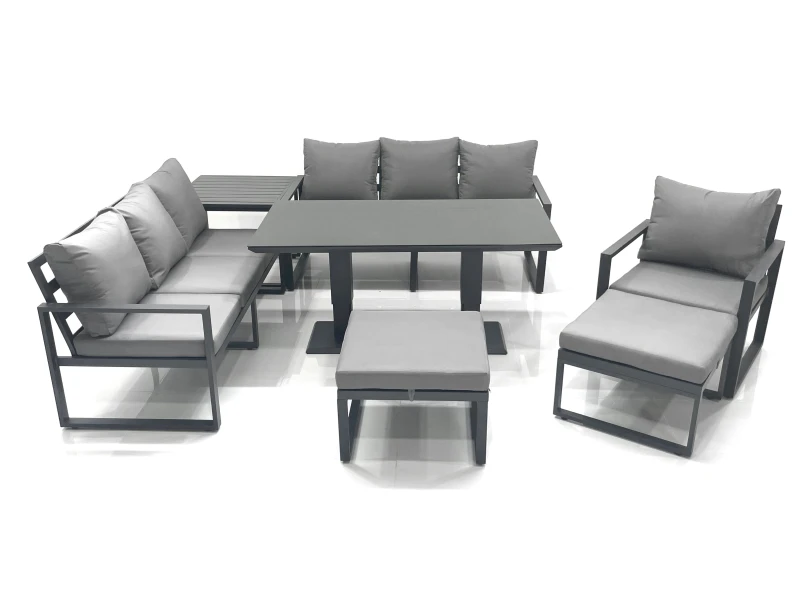 Image of Fimous Outdoor Garden Furniture Set Aluminium Lounge Sofa Adjustable Rising Lifting Dining Table Sets with 2 Big Footstools Side Table Dark Grey Dark