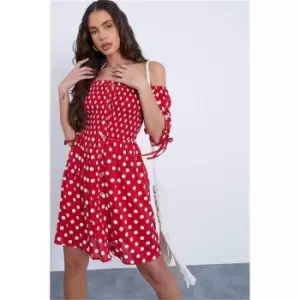Image of I Saw It First Red Woven Polka Dot Shirred Square Neck Puff Sleeve Smock Dress - Red