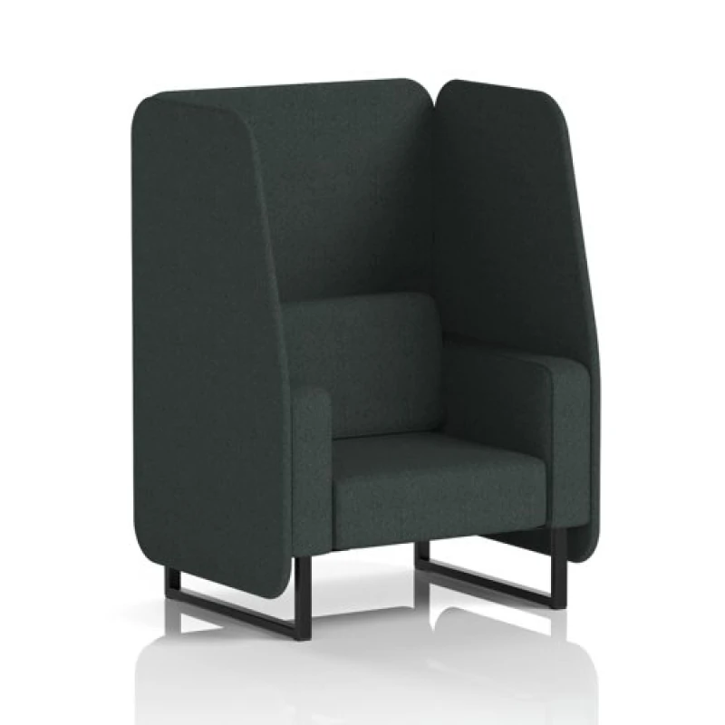 Image of Brixworth 1 Seater Open Office Booth with Black Legs in Rivet Fabric - Charcoal Panels and Sofa