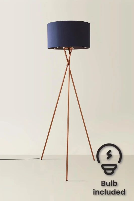 Image of ValueLights ValueLights Camden Copper Metal Tripod Floor Lamp with Drum Lamp Shade and Bulb in Dark Navy Dark Navy One Size Unisex 5055759993221