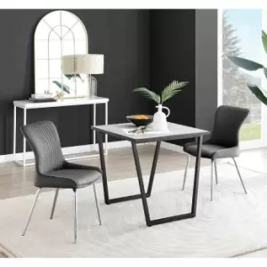 Image of Furniture Box Carson White Marble Effect Square Dining Table and 2 Dark Grey Nora Silver Leg Chairs