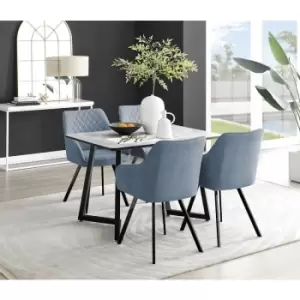 Image of Furniturebox Carson White Marble Effect Recatngular 120cm Dining Table & 4 Blue Falun Black Leg Fabric Chairs