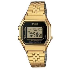 Image of Casio LA680WEGA-1ER Ladies Gold Plated Digital Watch with Black Case & Black Dial