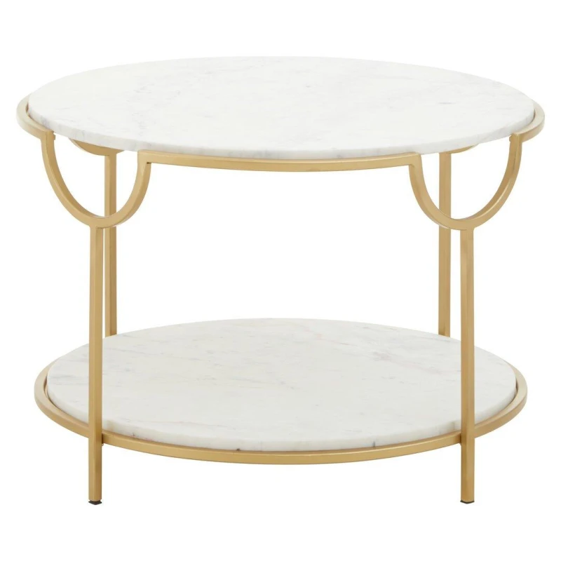 Image of Orsina White Marble Stone Gold Finish Side Table, Iron Frame End Table With 2 Tier Design, Modern Side Table