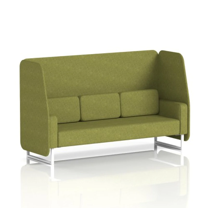Image of Brixworth 3 Seater Open Office Booth with White Legs in Rivet Fabric - Olive Panels and Sofa