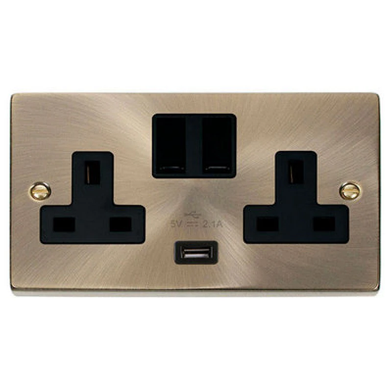 Image of SE Home Antique Brass 2 Gang 13A 1 USB Twin Double Switched Plug Socket Gold unisex