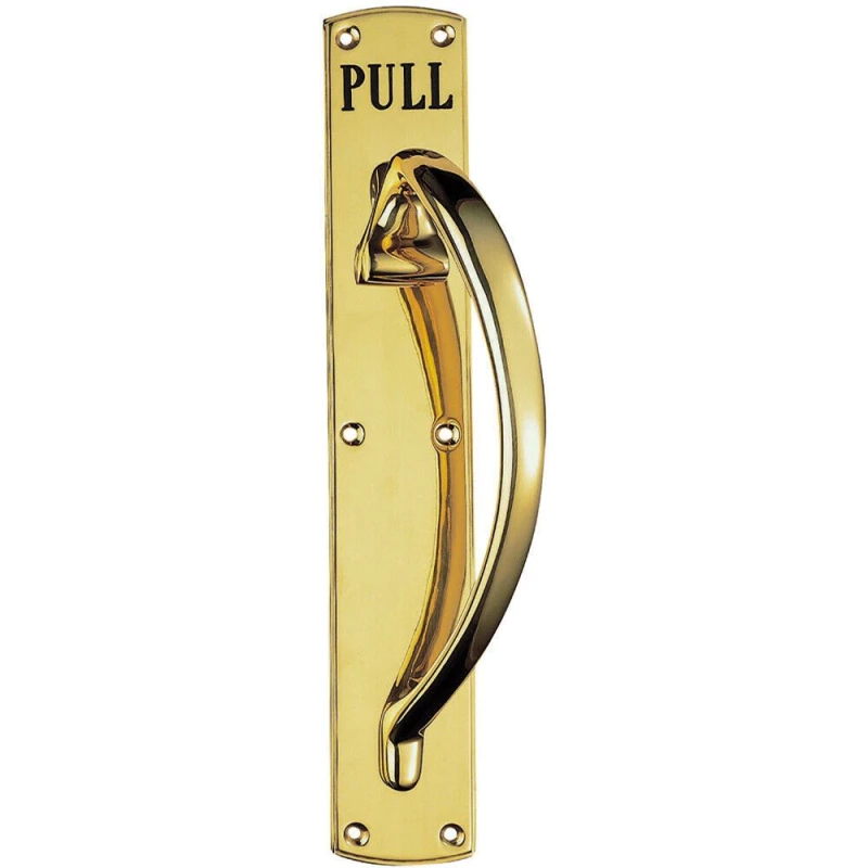 Image of Loops Curved Right Handed Door Pull Handle Engraved with 'Pull' Polished Brass Metallics unisex