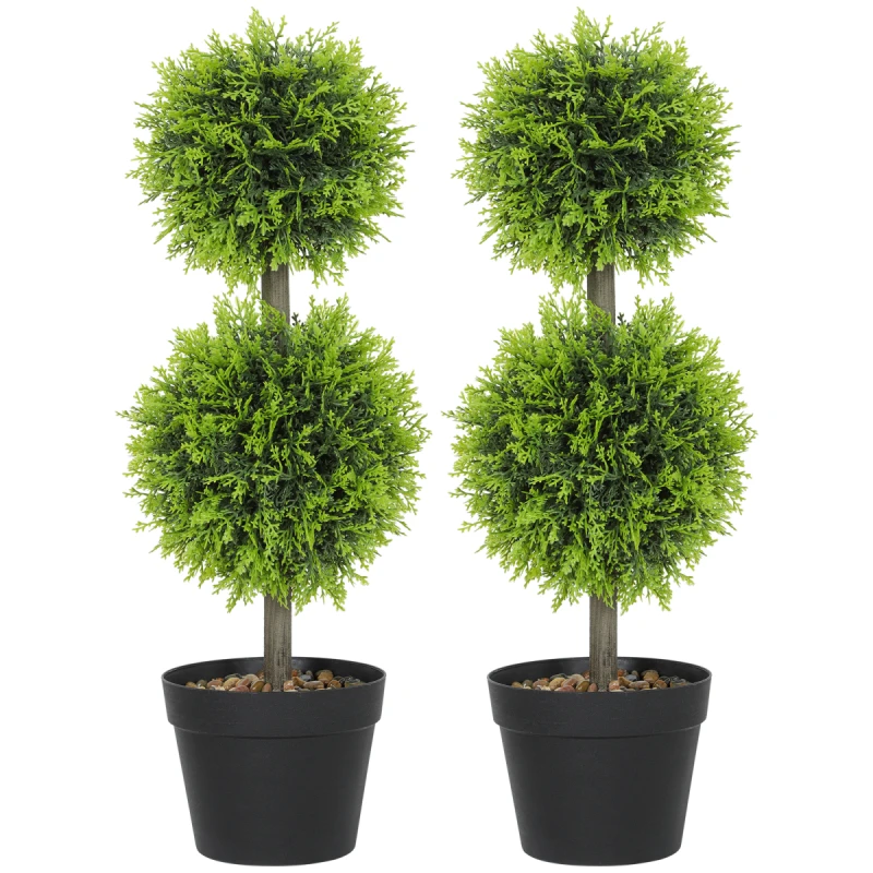 Image of HOMCOM HOMCOM Set of 2 Artificial Topiary Cypress Ball Trees with Pot and Pebbles in Green Green One Size Unisex 5063603625556
