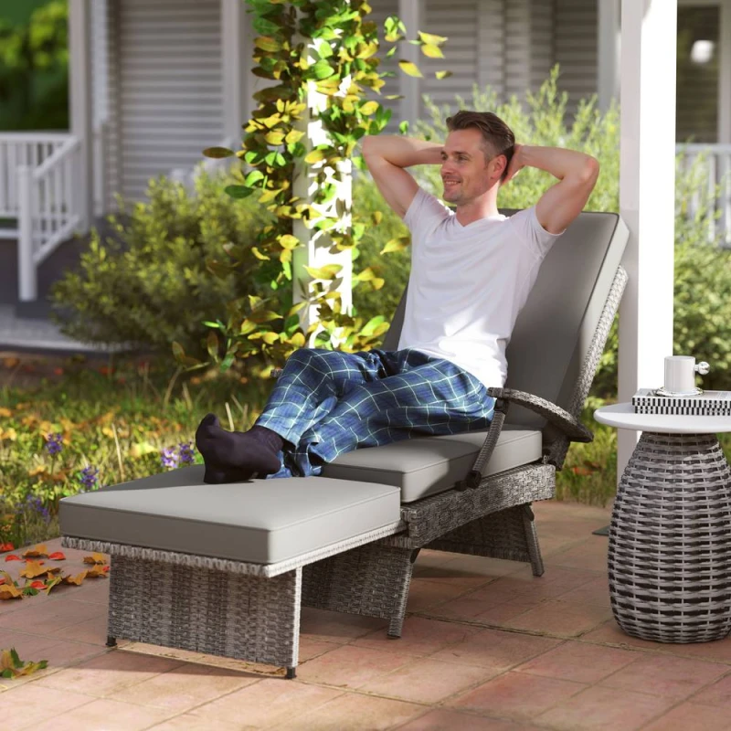Image of Outsunny Foldable Rattan Garden Recliner Chair w/ Cushion, Footrest, Grey 867-219V70LG
