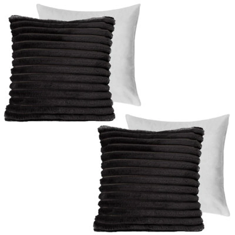 Image of OHS OHS 2 x Faux Fur Thick Rib Filled Cushion Covers in Black Size: 45cm x 45cm Black 45cm x 45cm Unisex 5027434184798