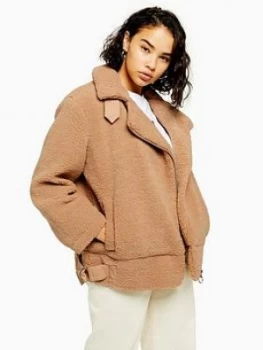 Image of Topshop Petite Borg Biker Jacket - Camel