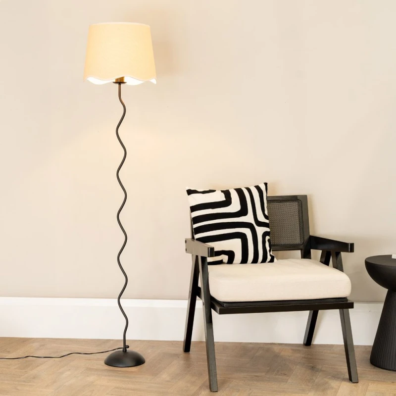 Image of ValueLights Wiggle Black Metal Stem Floor Lamp with Linen Scallop Trim Tapered Lamp Shade White