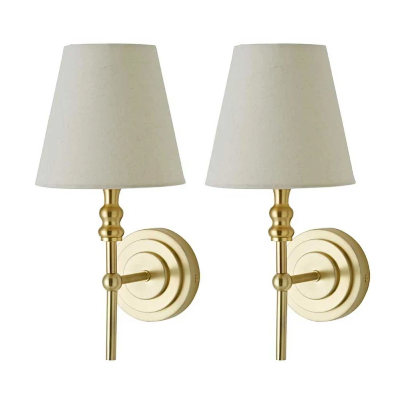 Image of ValueLights ValueLights Maggie Pair of Candlestick Wall Lights with Linen Tapered Lamp Shades in Gold Gold One Size Unisex 5059406068508