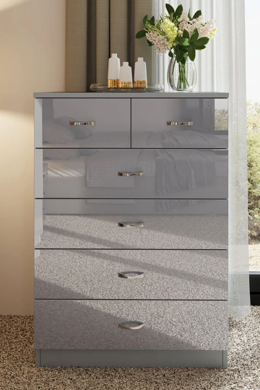 Image of FWStyle FWStyle Large 6 Drawer High Gloss Chest Of Drawers in Grey Grey One Size Unisex 5056413121257