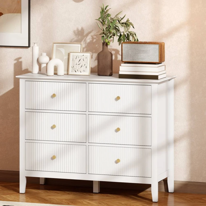 Image of HOMCOM Fluted Chest of Drawers 6 Drawer Dresser for Bedroom Hallway White White Unisex