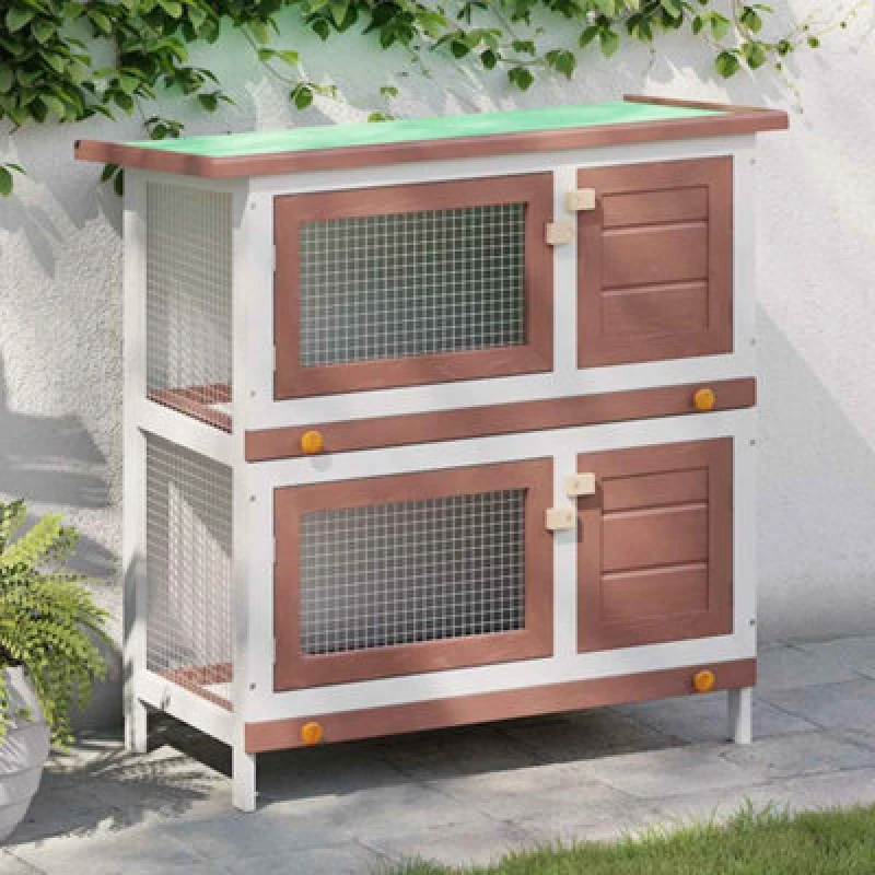 Image of vidaXL Outdoor Rabbit Hutch 4 Doors Brown Wood Pet House Habitat Cage Carrier