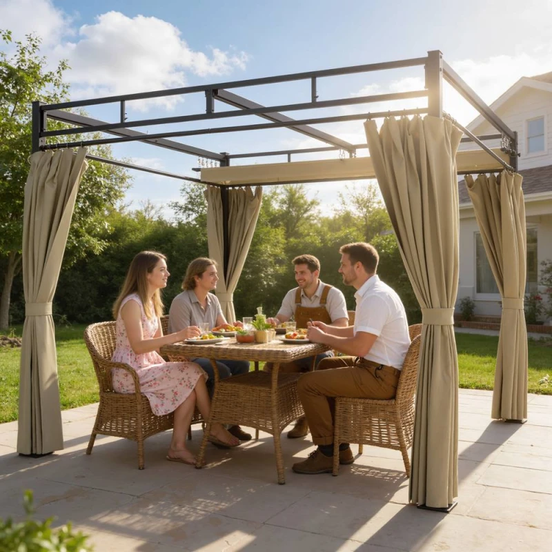 Image of Outsunny 3 X 3 M Garden Pergola With Retractable Canopy, Curtains, Khaki, Brown 84C-681V00KK