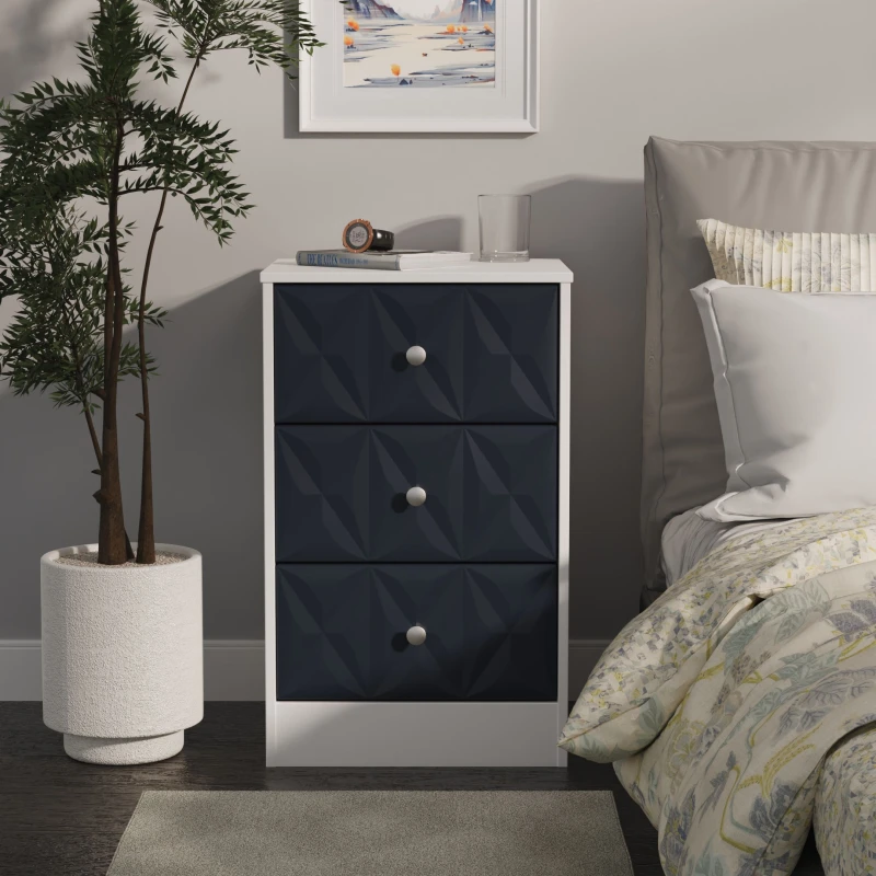 Image of San Jose Ready Assembled Matt Indigo & White 3 Drawer Bedside Chest (H)726mm (W)450mm (D)395mm