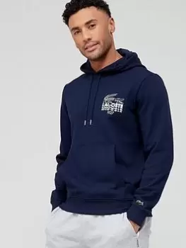 Image of Lacoste Large Logo Pullover Hoodie - Navy Size M Men