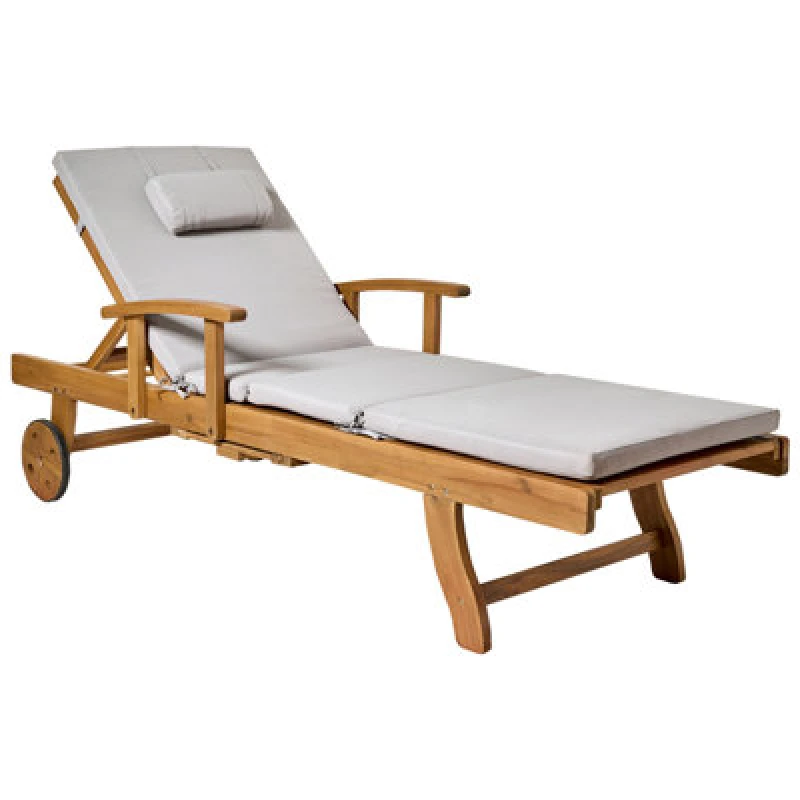 Image of Beliani Sun Lounger With Cushion Java Premium Acacia Wood Light Grey