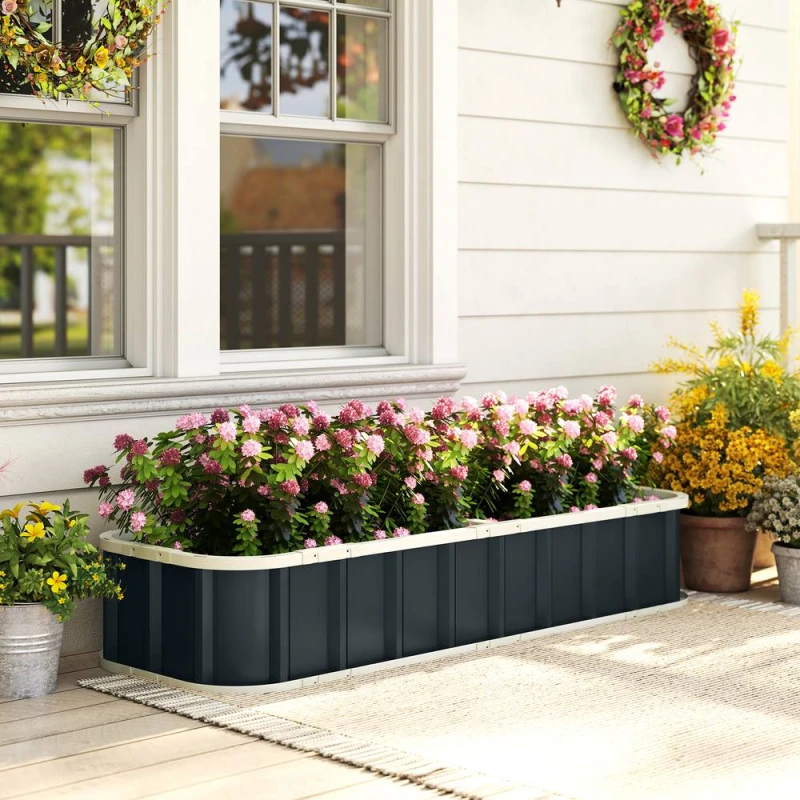 Image of Outsunny Galvanised Raised Garden Bed With Gloves, Dark Grey