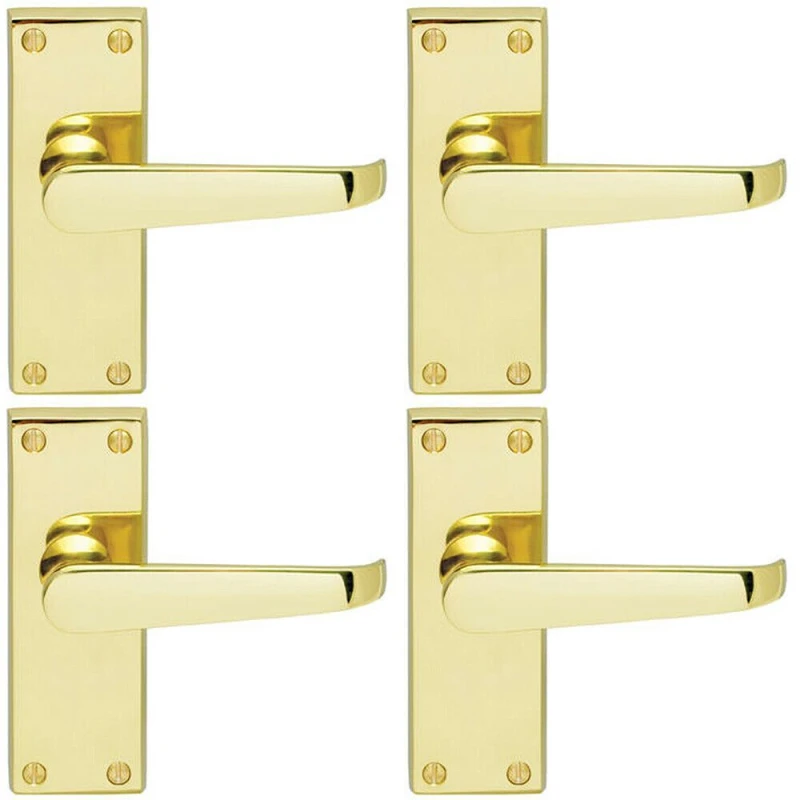 Image of Loops 4x Straight Victorian Lever on Rectangular Latch Backplate Handle Polished Brass Metallics