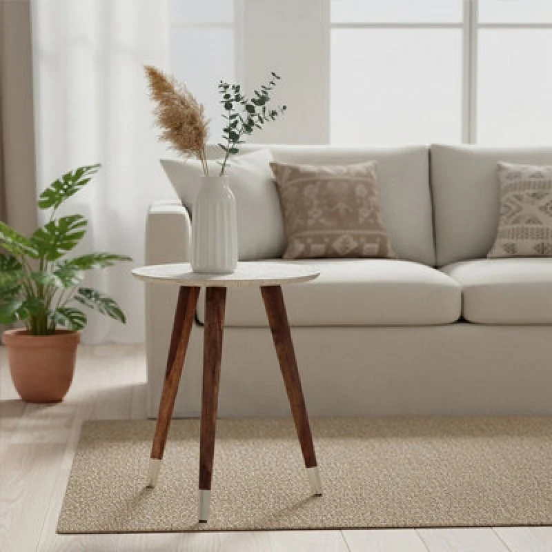 Image of Orsina Sturdy Metal And White Finish Carve Side Table, Versatile Side Table By Couch, Classic Profile Corner Table