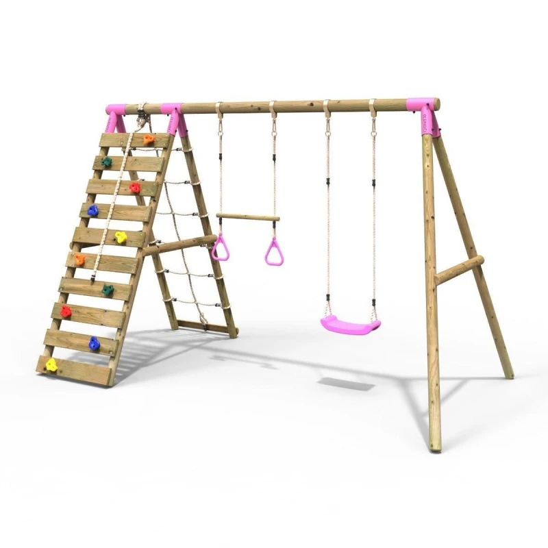 Image of Rebo Wooden Double Swing Set with Trapeze Bar and Climbing Wall - Savannah Pink Pink