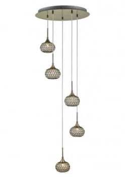 Image of Ceiling Cluster Pendant 5 Light Round Antique Brass, Clear Glass