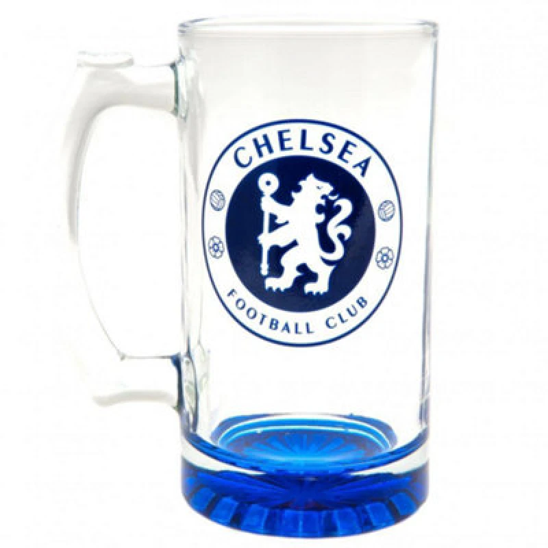 Image of Chelsea FC Chelsea FC Crest Glass Tankard in Blue Blue One Size Unisex 5059444044779