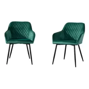 Image of Set of 2 Green Velvet Dining Chairs Upholstered Seat Armrest with Metal Legs - green