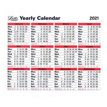Image of Letts Yearly Calendar 210 x 260mm 2021 21-TYC