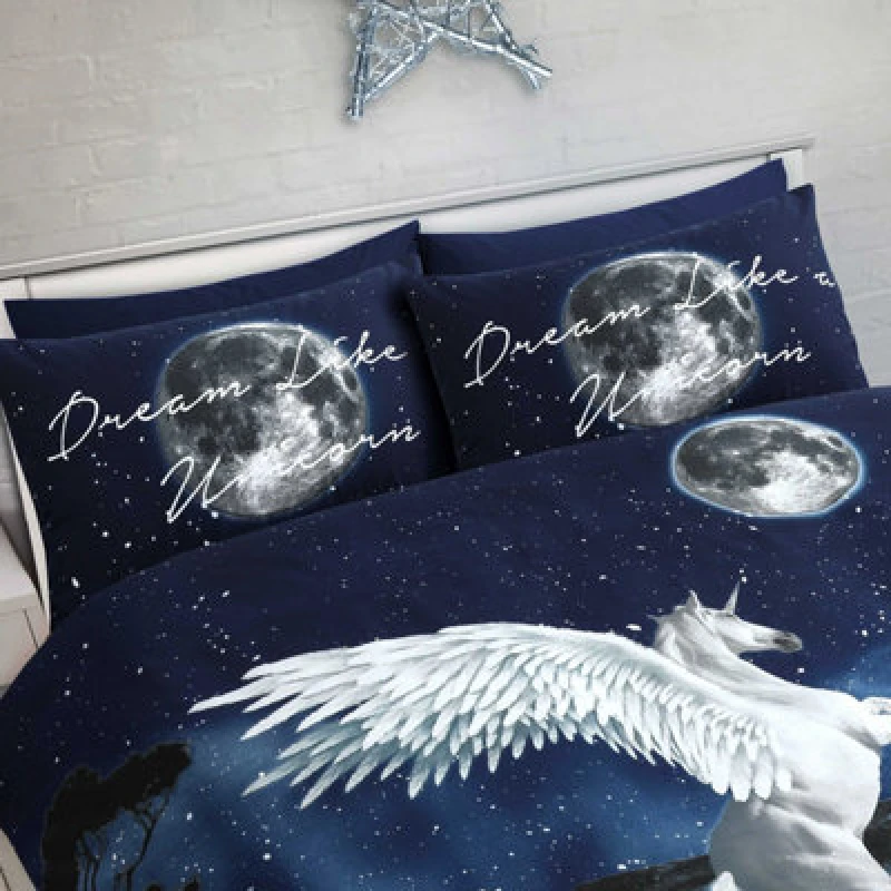 Image of Velosso Moonlit Theme Duvet Cover & Pillowcase Set, Bedding With Unicorn Print, Button Enclosure, Fantasy Bedroom Decor - Multicolour