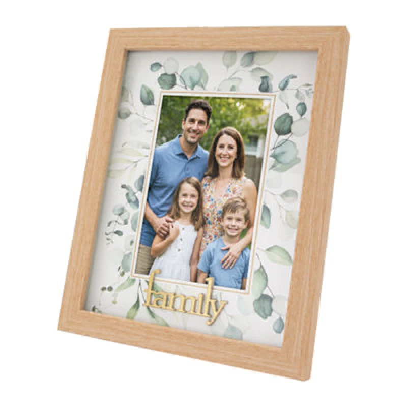 Image of Happy Homewares Modern Oak Mdf Gold Family Picture Frame With Green Floral Decoration