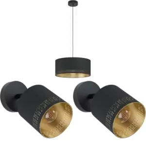 Image of Ceiling Pendant Light & 2x Matching Wall Lights Black & Gold Round Fabric Shade