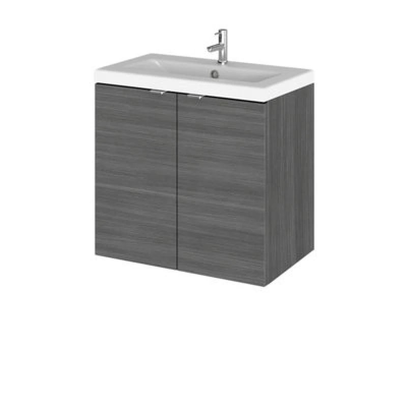 Image of Hudson Reed Fusion Wall Hung 2 Door Vanity Unit & Ceramic Basin, Sink Vanity Unit, Anthracite Woodgrain, 600mm