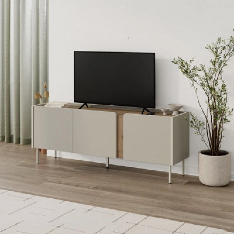 Image of Decortie Modern TV Unit With 3 Soft-close Doors & 5 Shelves 140Cm Natural Oak Sandstone, Multi 8.68363E+12