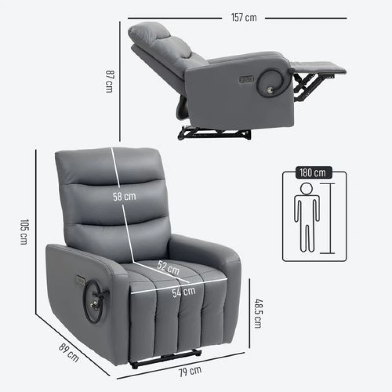 Image of HOMCOM HOMCOM Electric Recliner Chair with Phone Holder, USB Charge Port, Grey in Dark Grey Dark Grey One Size Unisex 5063603904095