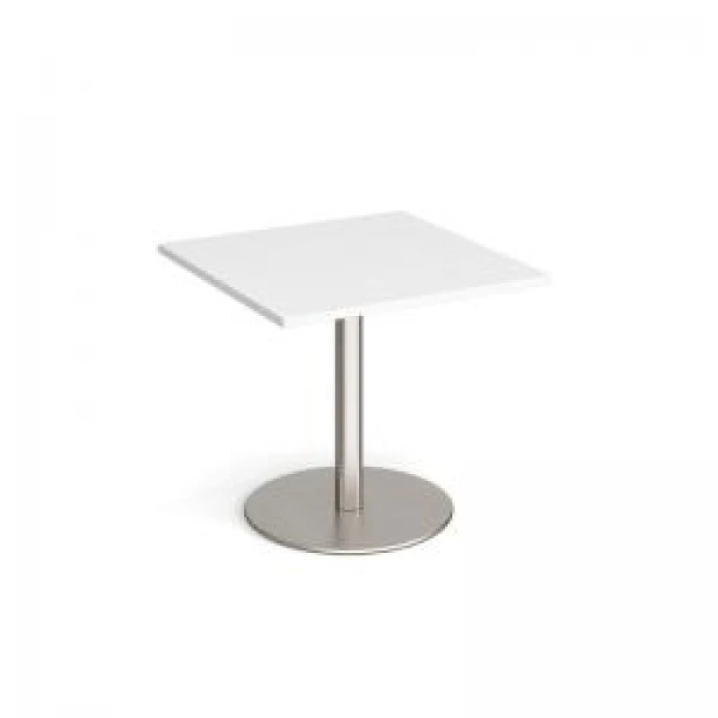 Image of Monza Square Cafe and Bistro Dining Table with Flat Round Brushed Steel Base - Table Top Width 800mm - White - Height - 725mm
