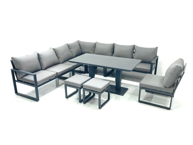 Image of Fimous 10 Seater Outdoor Aluminum Garden Furniture Set Corner Sofa 2 Small Footstools Rising Lifting Dining Table Sets Dark Grey Dark Grey Unisex